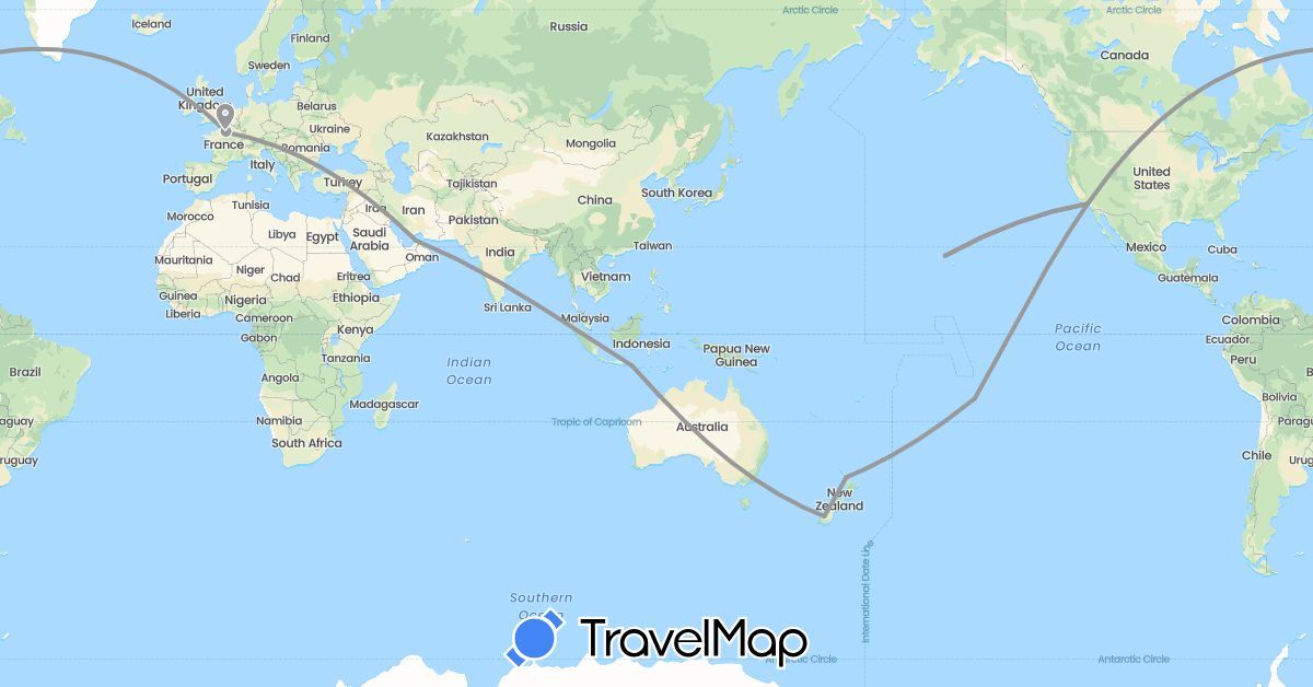 TravelMap itinerary: driving, plane in United Arab Emirates, France, Indonesia, New Zealand, United States (Asia, Europe, North America, Oceania)